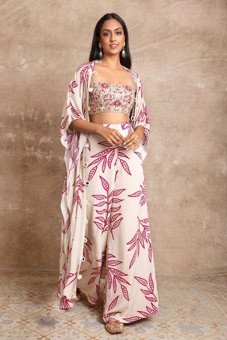 Buy_Arpita Mehta_White Leaf Print Cape And Pant Set_Online_at_Aza_Fashions