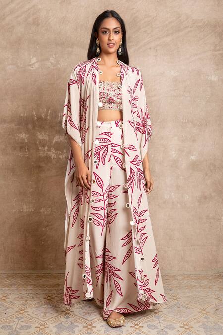 Shop_Arpita Mehta_White Leaf Print Cape And Pant Set_Online_at_Aza_Fashions