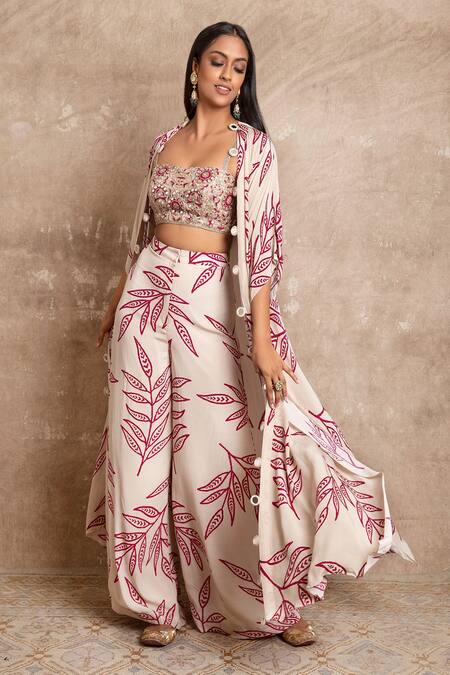 Arpita Mehta_White Leaf Print Cape And Pant Set_Online_at_Aza_Fashions