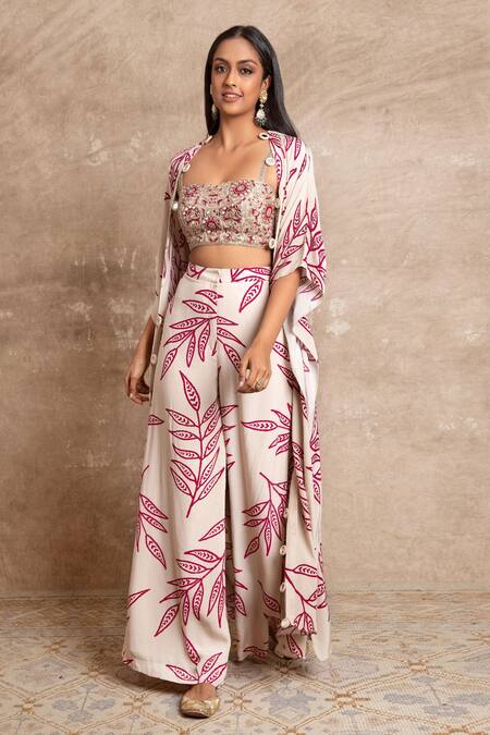 Arpita Mehta_White Leaf Print Cape And Pant Set_at_Aza_Fashions