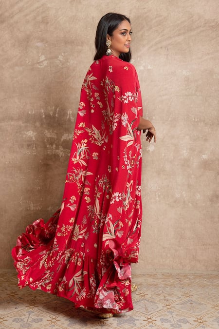 Shop Arpita Mehta Red Floral Print Kaftan And Pant Set at Aza Fashions Shop_Arpita Mehta_Red Floral Print Kaftan And Pant Set_at_Aza_Fashions