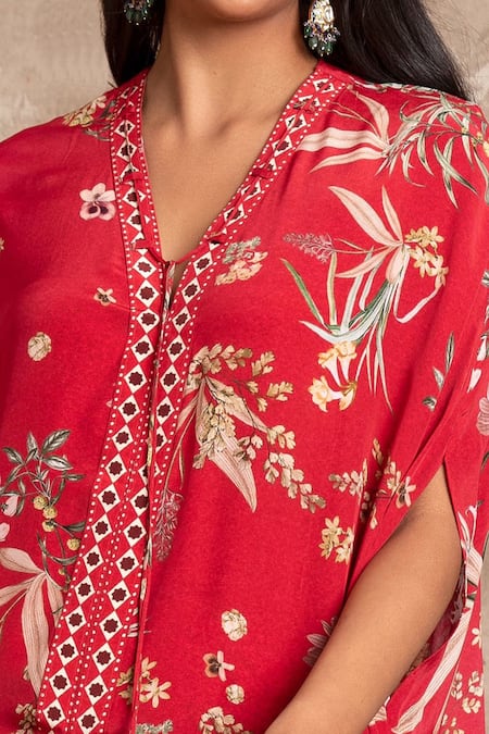 Arpita Mehta Red Floral Print Kaftan And Pant Set at Aza Fashions Arpita Mehta_Red Floral Print Kaftan And Pant Set_at_Aza_Fashions
