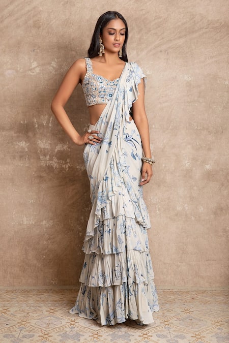 Arpita Mehta Blue Floral Print Pre-draped Saree Set 