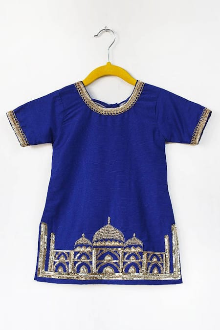 Shop Tiny Pants Blue Cotton, Chiffon Tassels, Embroidery Taj Mahal Kurta Palazzo Set at Aza Fashions Shop_Tiny Pants_Blue Cotton, Chiffon Tassels, Embroidery Taj Mahal Kurta Palazzo Set_at_Aza_Fashions