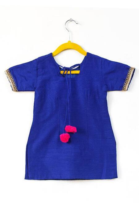 Tiny Pants Blue Cotton, Chiffon Tassels, Embroidery Taj Mahal Kurta Palazzo Set Online at Aza Fashions Tiny Pants_Blue Cotton, Chiffon Tassels, Embroidery Taj Mahal Kurta Palazzo Set_Online_at_Aza_Fashions