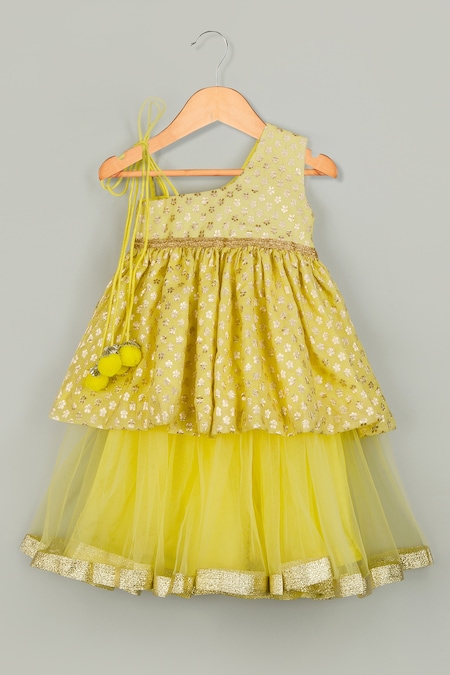 Tiny Pants Yellow , Cotton Embroidery, Gota Patti Peplum Kurta Lehenga Set 