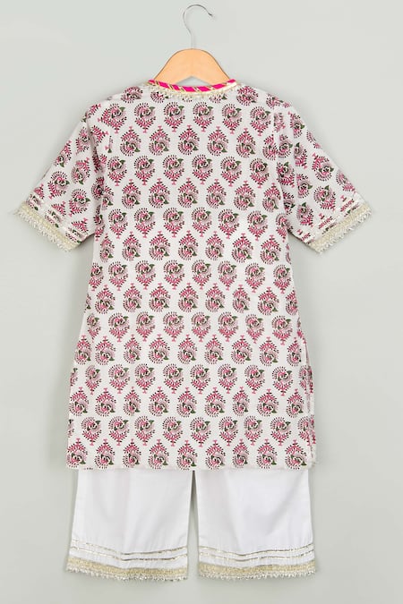 Shop Tiny Pants White Cotton Tassels, Gota Patti Block Print Kurta Palazzo Set at Aza Fashions Shop_Tiny Pants_White Cotton Tassels, Gota Patti Block Print Kurta Palazzo Set _at_Aza_Fashions
