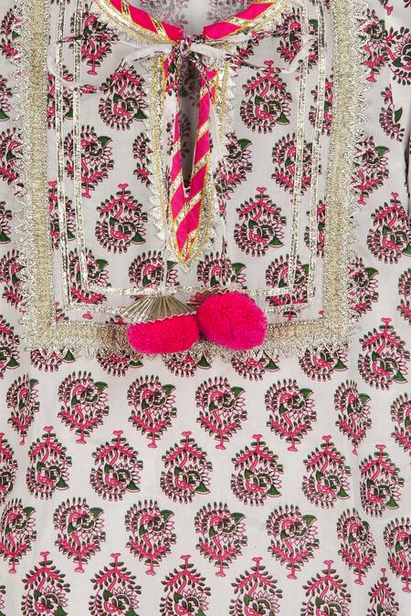 Tiny Pants White Cotton Tassels, Gota Patti Block Print Kurta Palazzo Set Online at Aza Fashions Tiny Pants_White Cotton Tassels, Gota Patti Block Print Kurta Palazzo Set _Online_at_Aza_Fashions