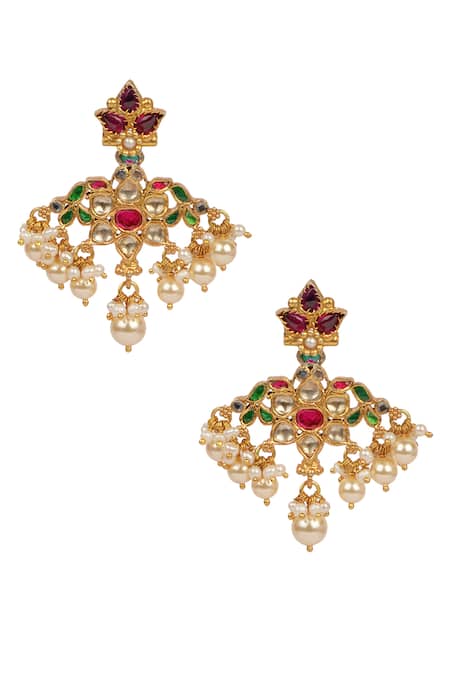 Ajooni Jewels Gold Plated Pearl Kundan Embellished Dangler Earrings