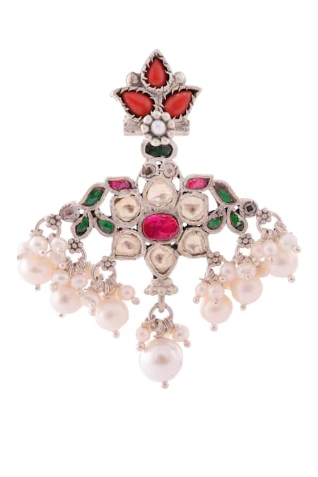 Shop Ajooni Jewels Silver Plated Pearl Kundan Embellished Dangler Earrings at Aza Fashions Shop_Ajooni Jewels_Silver Plated Pearl Kundan Embellished Dangler Earrings _at_Aza_Fashions