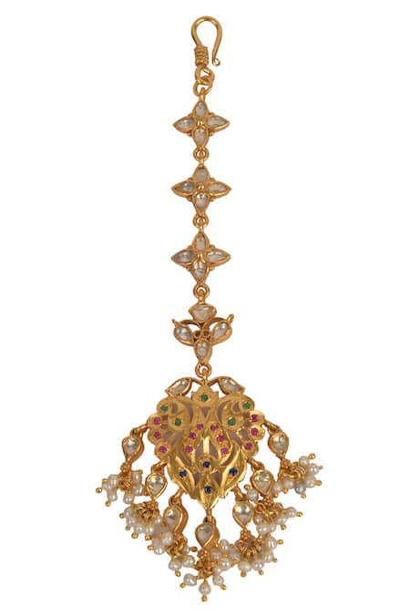 Shop Ajooni Jewels Gold Plated Glass Stones And Pearls Drop Maangtikka at Aza Fashions Shop_Ajooni Jewels_Gold Plated Glass Stones And Pearls Drop Maangtikka _at_Aza_Fashions