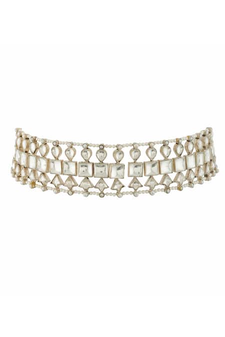 Shop Ajooni Jewels Silver Plated Kundan And Pearls Embellished Choker at Aza Fashions Shop_Ajooni Jewels_Silver Plated Kundan And Pearls Embellished Choker _at_Aza_Fashions