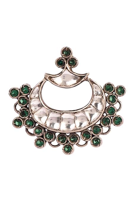 Shop_Ajooni Jewels_Silver Plated Stones, Diamonds Kundan Embellished Chandbalis _at_Aza_Fashions