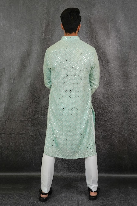 Shop Kasbah Green Georgette Foil And Mirror Work Geometric Embroidered Kurta at Aza Fashions Shop_Kasbah_Green Georgette Foil And Mirror Work Geometric Embroidered Kurta_at_Aza_Fashions