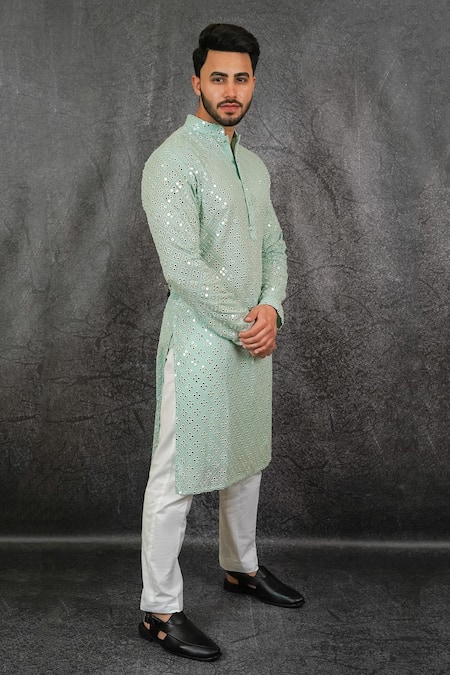 Kasbah Green Georgette Foil And Mirror Work Geometric Embroidered Kurta Online at Aza Fashions Kasbah_Green Georgette Foil And Mirror Work Geometric Embroidered Kurta_Online_at_Aza_Fashions