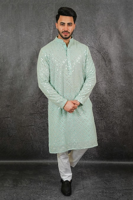 Buy Kasbah Green Georgette Foil And Mirror Work Geometric Embroidered Kurta Online at Aza Fashions Buy_Kasbah_Green Georgette Foil And Mirror Work Geometric Embroidered Kurta_Online_at_Aza_Fashions