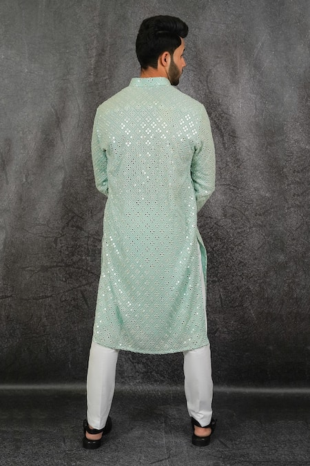 Shop Kasbah Green Georgette Foil And Mirror Work Geometric Embroidered Kurta Online at Aza Fashions Shop_Kasbah_Green Georgette Foil And Mirror Work Geometric Embroidered Kurta_Online_at_Aza_Fashions