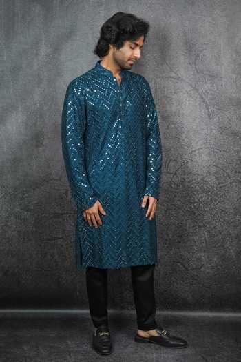 Kasbah_Blue Georgette, Cotton Mirrors Embroidered Kurta Set _Online_at_Aza_Fashions