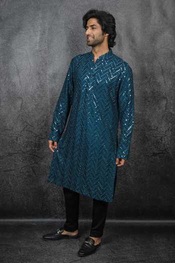 Buy_Kasbah_Blue Georgette, Cotton Mirrors Embroidered Kurta Set _Online_at_Aza_Fashions