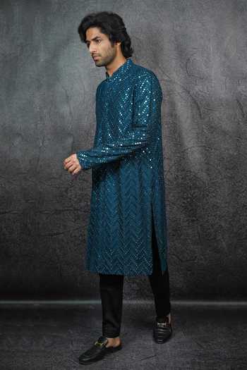 Shop_Kasbah_Blue Georgette, Cotton Mirrors Embroidered Kurta Set _Online_at_Aza_Fashions