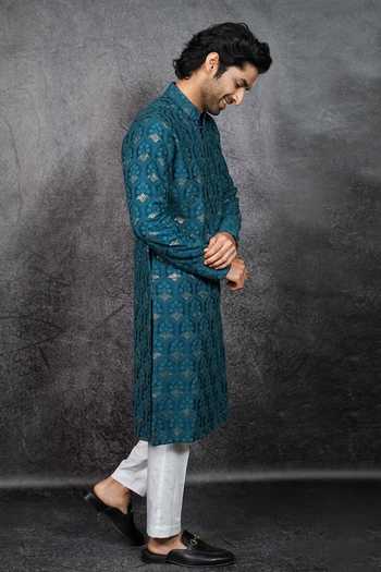 Kasbah_Green Silk Sequins, Embroidery Kurta Set _Online_at_Aza_Fashions