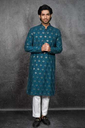 Buy_Kasbah_Green Silk Sequins, Embroidery Kurta Set _Online_at_Aza_Fashions