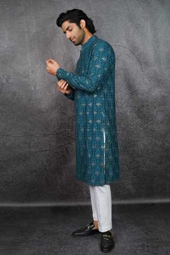 Shop_Kasbah_Green Silk Sequins, Embroidery Kurta Set _Online_at_Aza_Fashions