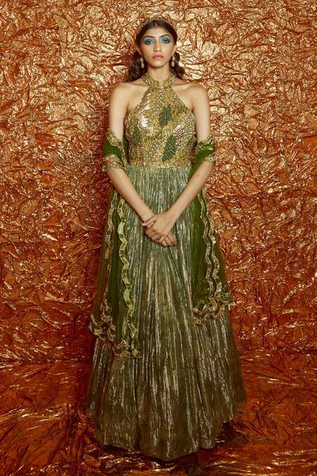Buy_Nirmooha_Green Lurex Sequin And Cutdana, Beads Halter Neck Anarkali With Dupatta _Online_at_Aza_Fashions