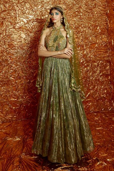 Nirmooha_Green Lurex Sequin And Cutdana, Beads Halter Neck Anarkali With Dupatta _Online_at_Aza_Fashions