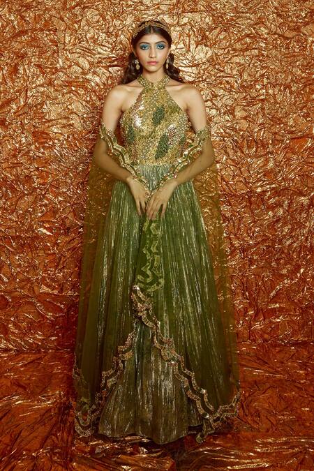 Shop_Nirmooha_Green Lurex Sequin And Cutdana, Beads Halter Neck Anarkali With Dupatta _Online_at_Aza_Fashions