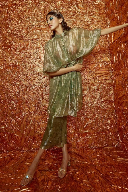 Nirmooha_Green Lurex Band Printed Kaftan And Pant Set _Online_at_Aza_Fashions