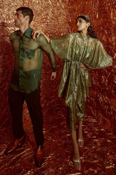 Buy_Nirmooha_Green Lurex Band Printed Kaftan And Pant Set _Online_at_Aza_Fashions