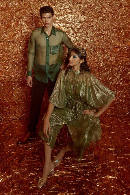 Shop_Nirmooha_Green Lurex Band Printed Kaftan And Pant Set _Online_at_Aza_Fashions
