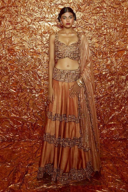 Nirmooha Brown Nokia Silk Embroidery Beads And Cutdana V Neck Lehenga Set 