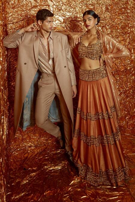 Buy_Nirmooha_Brown Nokia Silk Beads And Cutdana V Neck Embroidered Lehenga Set _Online_at_Aza_Fashions