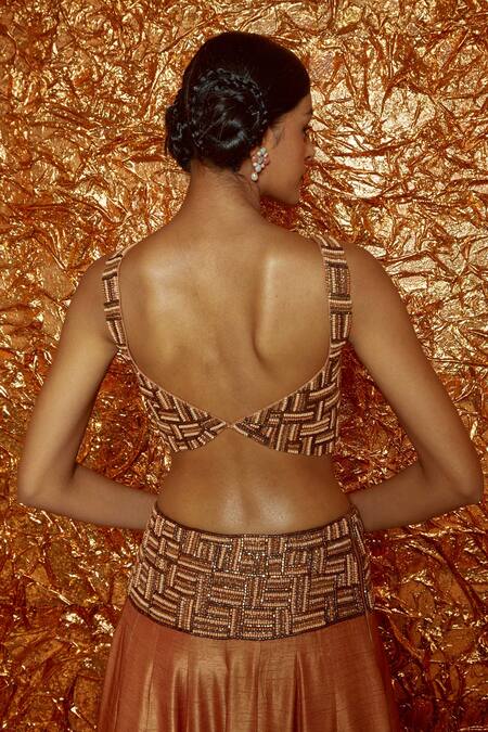 Nirmooha_Brown Nokia Silk Beads And Cutdana V Neck Embroidered Lehenga Set _at_Aza_Fashions