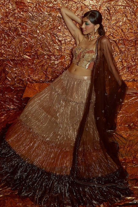 Nirmooha_Multi Color Lurex And Chiffon Round Tiered Lehenga Set _Online_at_Aza_Fashions