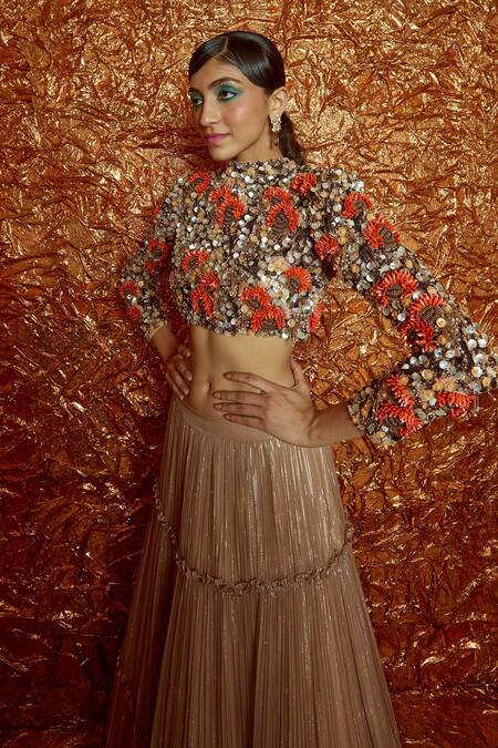 Nirmooha_Multi Color Lurex Crepe Sequin And Thread Round Tiered Lehenga Set _Online_at_Aza_Fashions