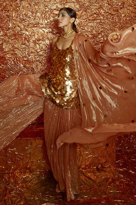 Nirmooha_Gold Foil Georgette And Lurex Sequin Round Embroidered Kurta Sharara Set _Online_at_Aza_Fashions