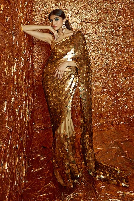 Nirmooha_Gold Foil Georgette Sequin Sweetheart Neck Embroidered Saree With Blouse _at_Aza_Fashions