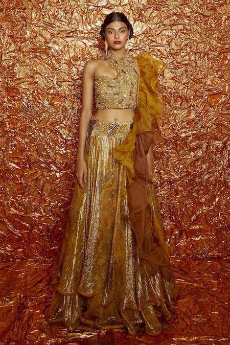Nirmooha_Yellow Lurex, Organza And Nokia Slik Sequin & Cutdana, Embroidered Lehenga Set _Online_at_Aza_Fashions