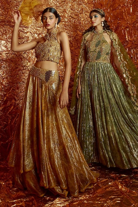 Buy_Nirmooha_Yellow Lurex, Organza And Nokia Slik Sequin & Cutdana, Embroidered Lehenga Set _Online_at_Aza_Fashions