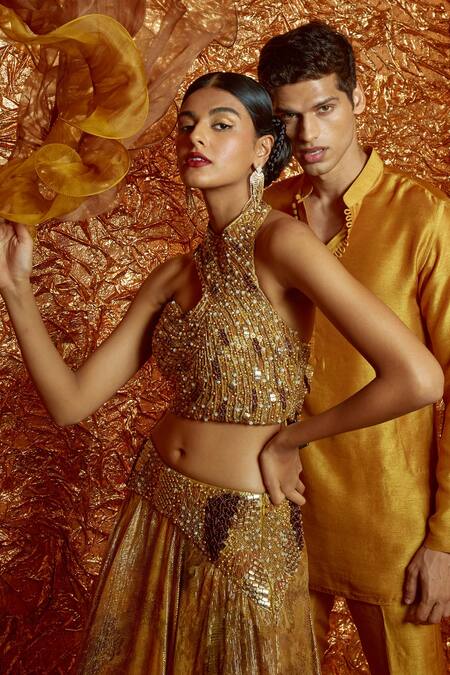 Shop_Nirmooha_Yellow Lurex, Organza And Nokia Slik Sequin & Cutdana, Embroidered Lehenga Set _Online_at_Aza_Fashions