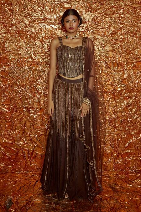 Nirmooha Brown Chiffon Sequin And Cutdana Sweetheart Neck Hand Embroidered Sharara Set Online at Aza Fashions Nirmooha_Brown Chiffon Sequin And Cutdana Sweetheart Neck Hand Embroidered Sharara Set _Online_at_Aza_Fashions