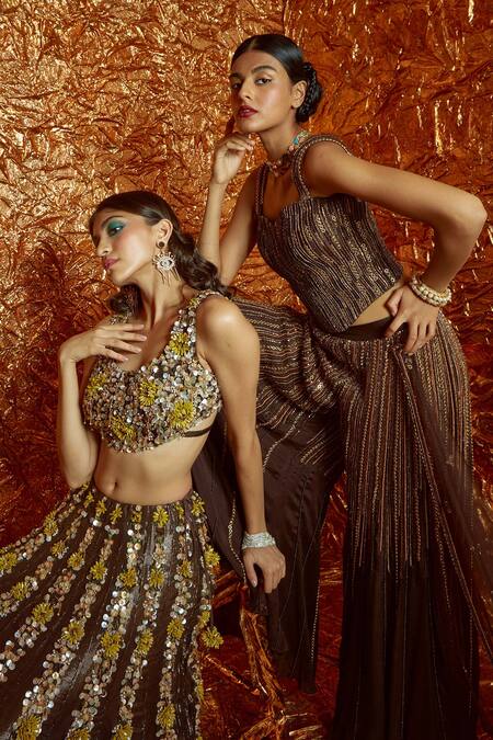 Shop Nirmooha Brown Chiffon Sequin And Cutdana Sweetheart Neck Hand Embroidered Sharara Set Online at Aza Fashions Shop_Nirmooha_Brown Chiffon Sequin And Cutdana Sweetheart Neck Hand Embroidered Sharara Set _Online_at_Aza_Fashions