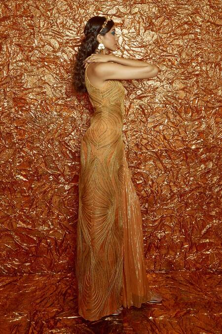 Nirmooha_Yellow Lurex And Organza Cording Boat Asymmetric Kurta & Sharara Set _Online_at_Aza_Fashions