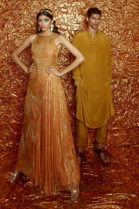 Shop_Nirmooha_Yellow Lurex And Organza Cording Boat Asymmetric Kurta & Sharara Set _Online_at_Aza_Fashions