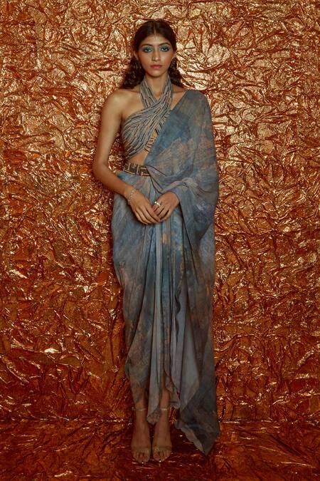 Buy_Nirmooha_Grey Chiffon Abstract And Cording Halter Pre-draped Saree With Blouse _Online_at_Aza_Fashions