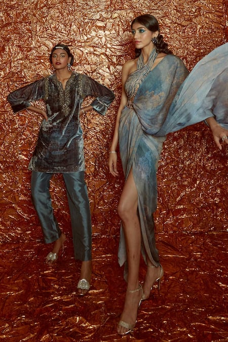 Shop_Nirmooha_Grey Chiffon Abstract And Cording Halter Pre-draped Saree With Blouse _Online_at_Aza_Fashions