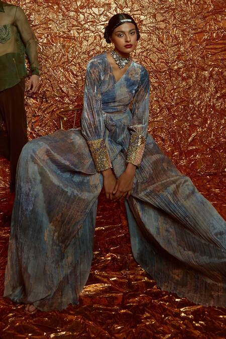 Nirmooha_Grey Velvet Chiffon V Neck Printed Wrap Top And Sharara Set _Online_at_Aza_Fashions